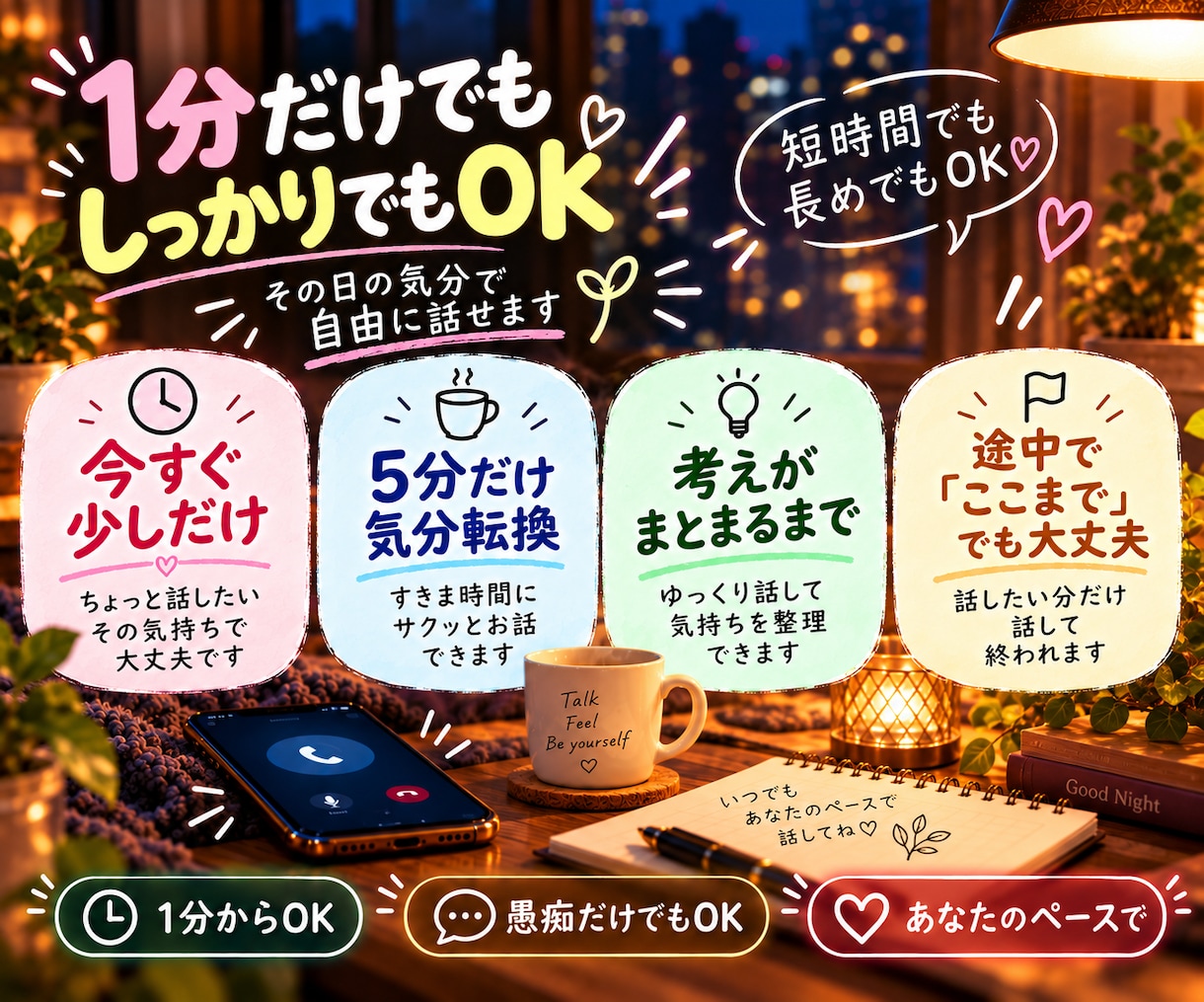 今すぐ電話OK！仕事や人間関係の愚痴や悩み聞きます うまく話せなくても大丈夫。接客歴11年の私がじっくり伺います イメージ6