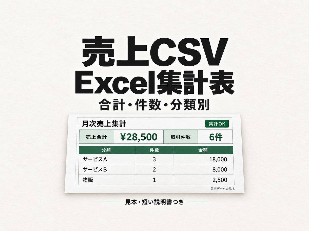 売上CSVをExcel集計表にまとめます 3列を貼るだけ。見本と説明書付きの月次集計 イメージ1