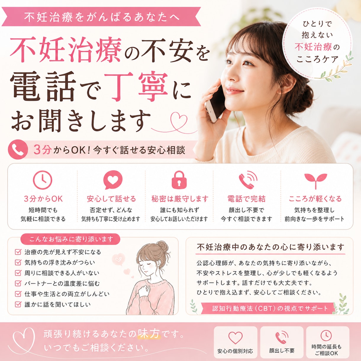 不妊治療の不安を電話で丁寧にお聞きします ひとりで抱えない不妊治療のこころケア イメージ1