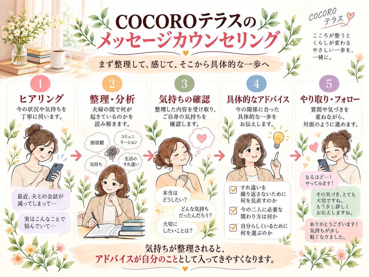 夫婦関係の悩みを一緒に読み解き整理します 夫婦のすれ違いを整理して これからの一歩を一緒に考えます イメージ2
