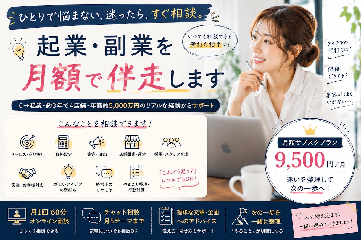 起業・副業を月額伴走｜いつでも壁打ち相手になります 脱サラ・約3年で5店舗・年商6,000万｜あなたの相談相手 イメージ1