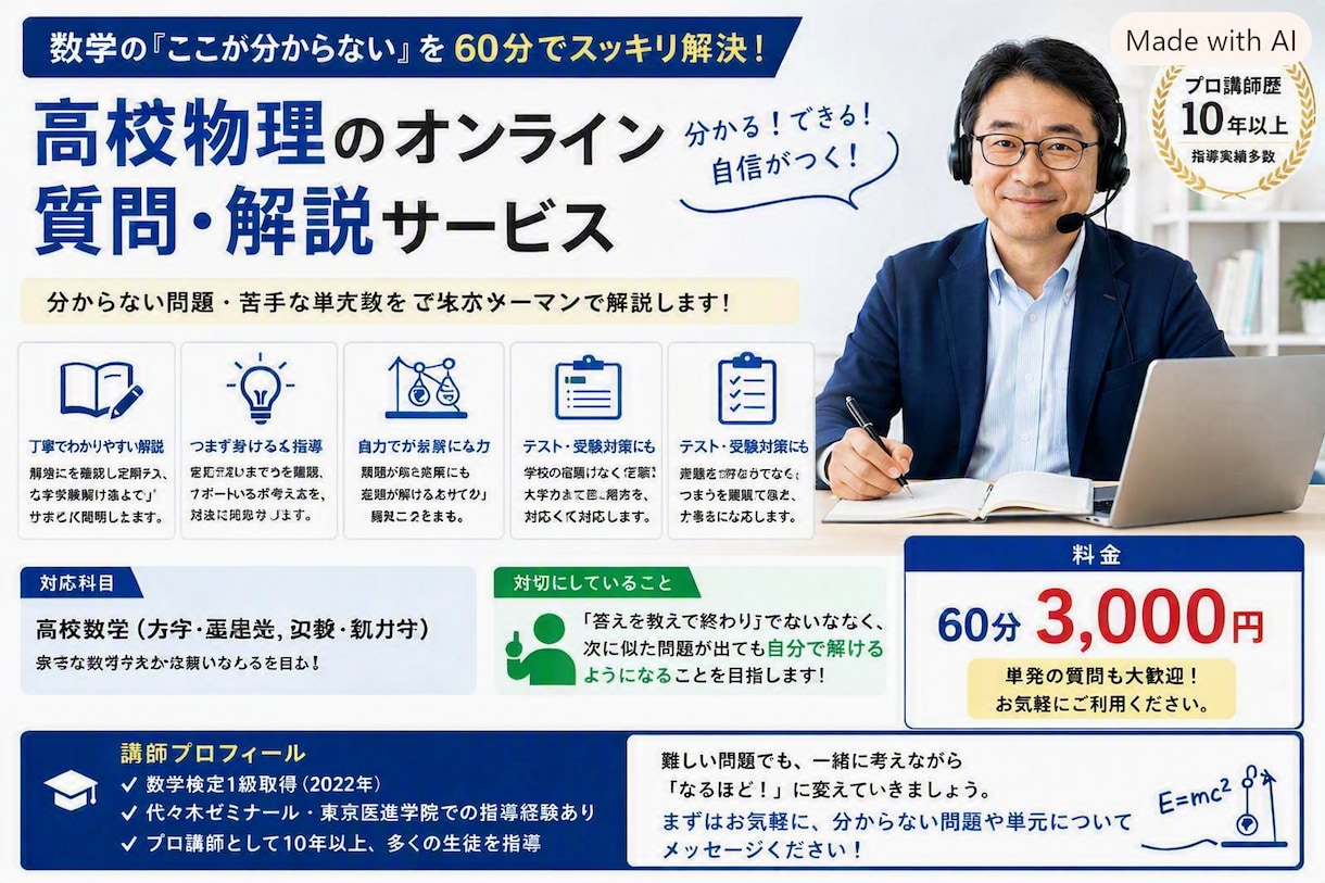 物理のわからない問題を解説します 数学検定1級取得者が定期テストから入試問題まで対応します イメージ1