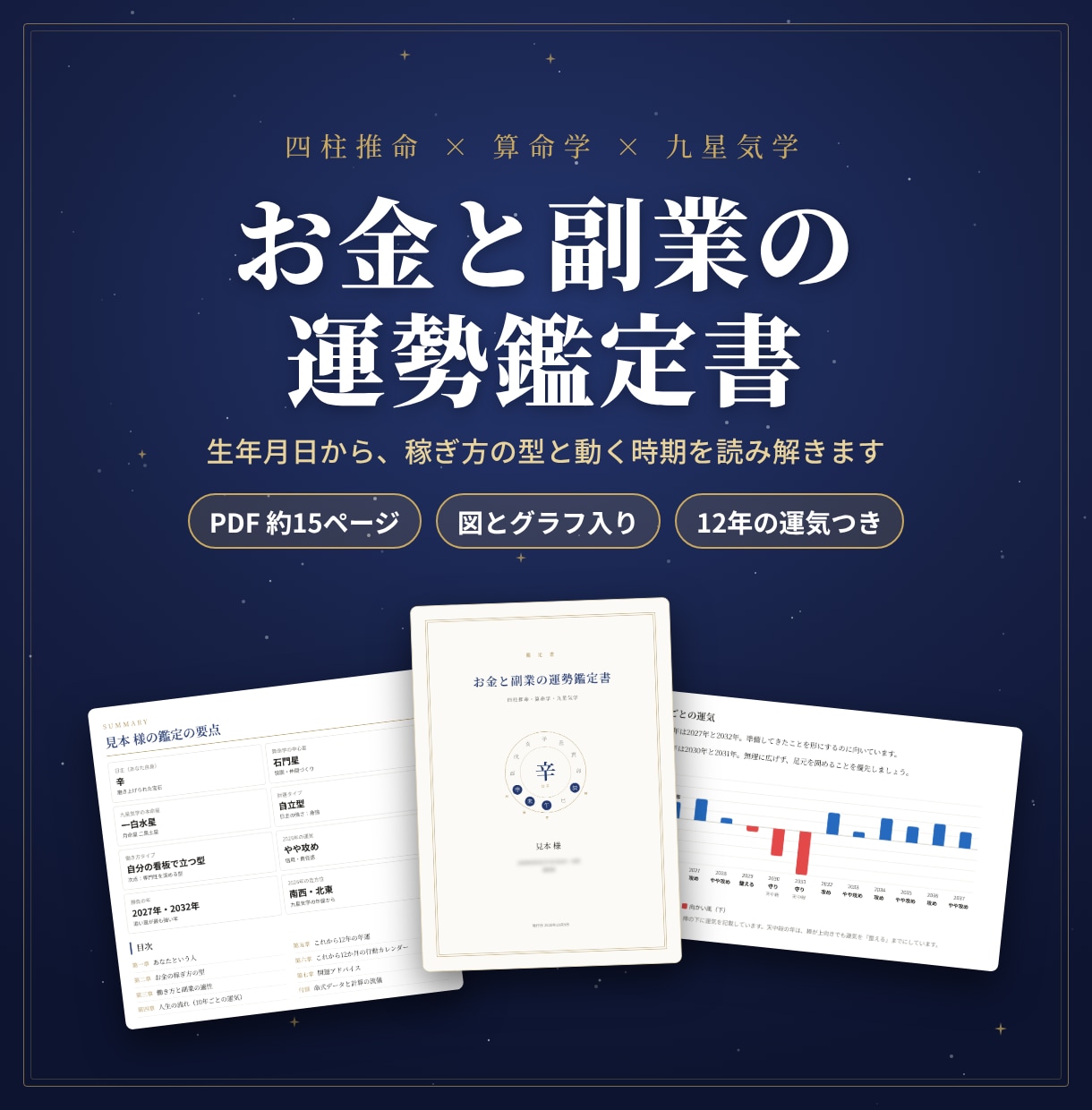 四柱推命・算命学・九星気学で金運と副業運を占います PDF鑑定書｜財運タイプ・向く副業・12年の運気の流れ イメージ1
