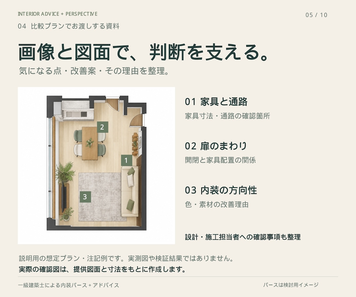 一級建築士がパースでお部屋の内装相談にのります 気になる1部屋から。家具・色・素材の迷いを一緒に整理！ イメージ5