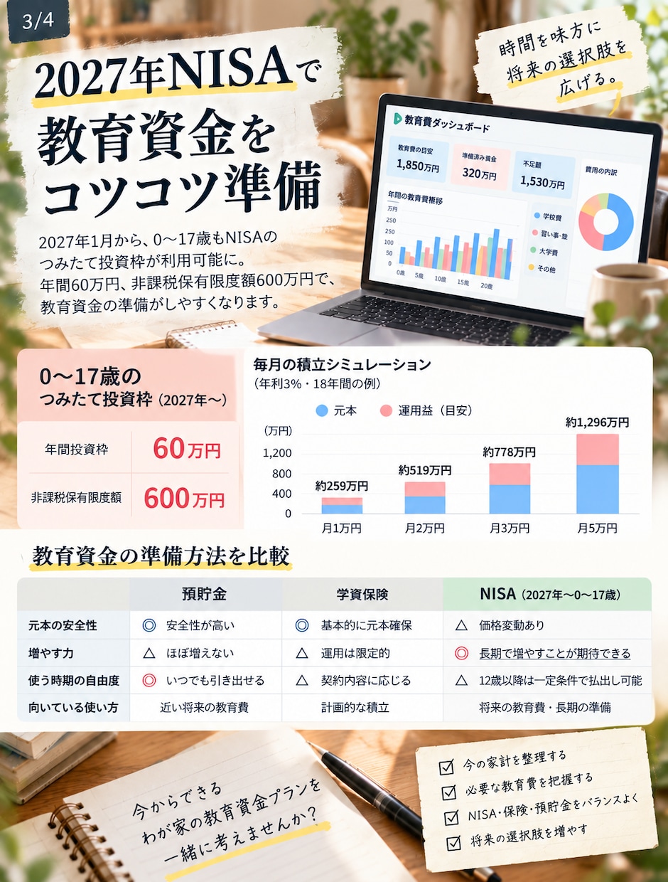 子どもの教育費を逆算して見える化します 習い事・大学費用・2027年NISAまでまとめて試算できます イメージ3