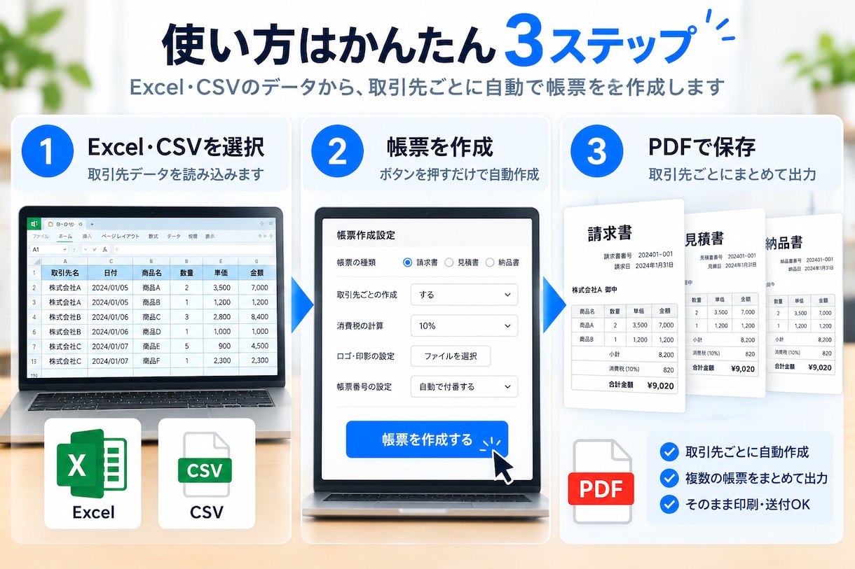 Excel・CSVから請求書を一括作成します 取引先ごとの請求書を自動作成｜PDF出力までまとめて完了 イメージ4
