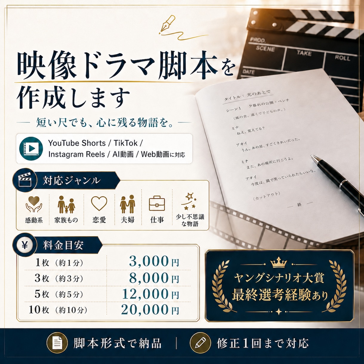 ショートドラマの脚本を作成します ヤングシナリオ大賞最終選考を活かした心に残る物語を創作します イメージ1