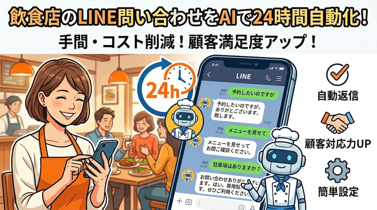 飲食店のLINE問い合わせを自動化します 問い合わせをAIが24時間自動返答。 イメージ1