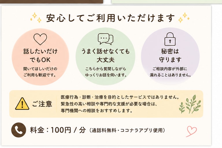 誰にも言えない悩みや愚痴をゆっくり聞きます 仕事・恋愛・人間関係など何でも気軽に話してください☺︎ イメージ3