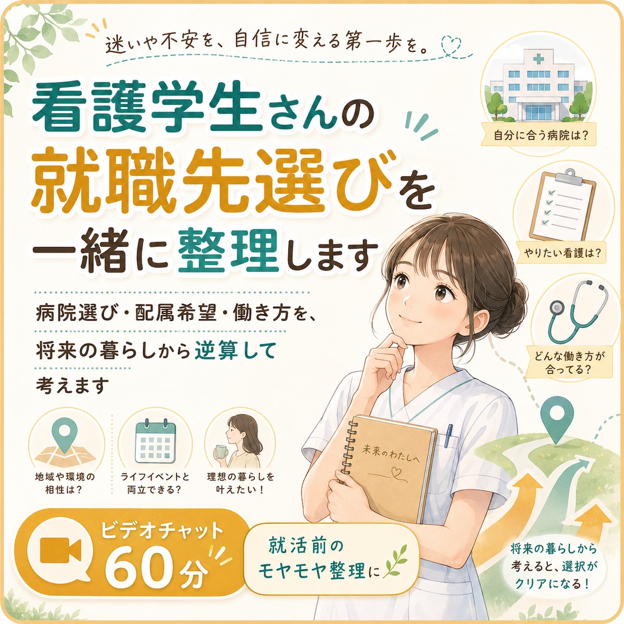 看護学生の最初の就職先・病院選びを一緒に整理します なんとなくの病院選びから、 「これがやりたかった」へ。 イメージ1