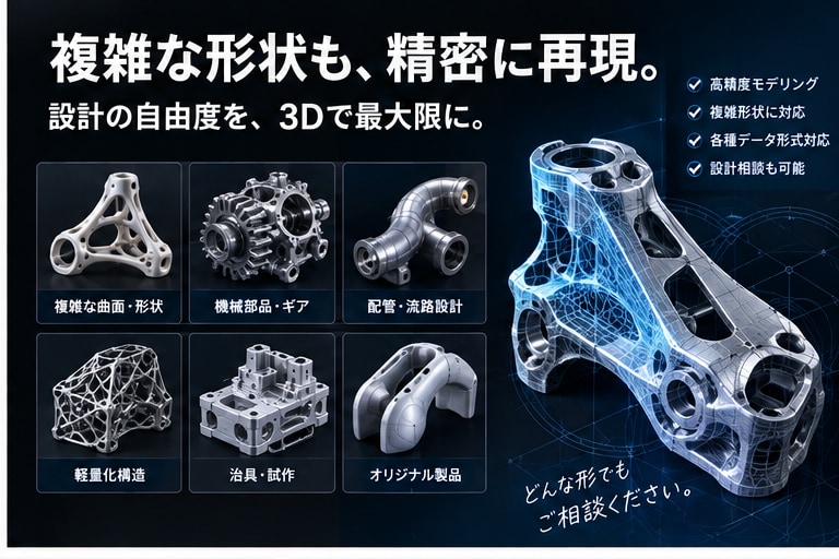 そのイメージを3Dモデルに！複雑形状も対応します 「複雑な形状も、あなたのイメージからカタチに。」 イメージ2