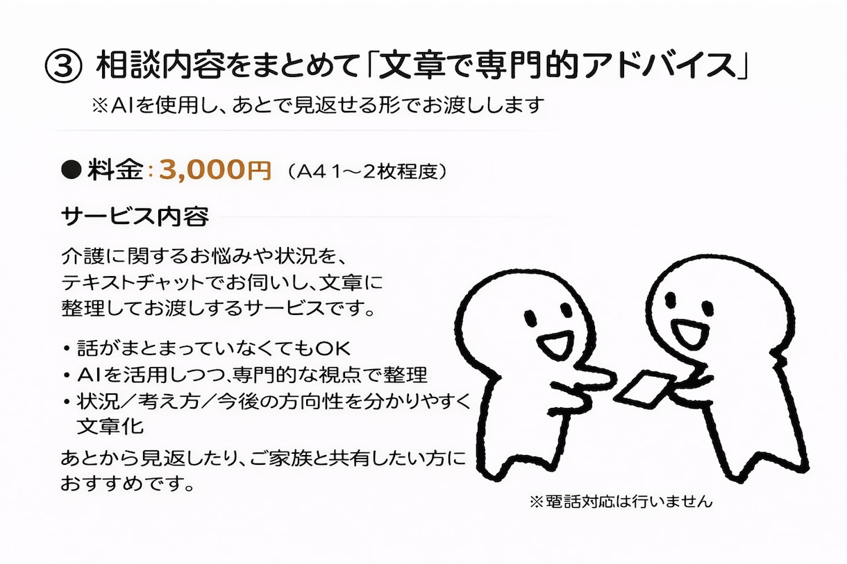 介護相談　介護の悩みを文章で整理してお渡しします ケアマネ対応　悩み、状況を整理→解決策提案 イメージ2
