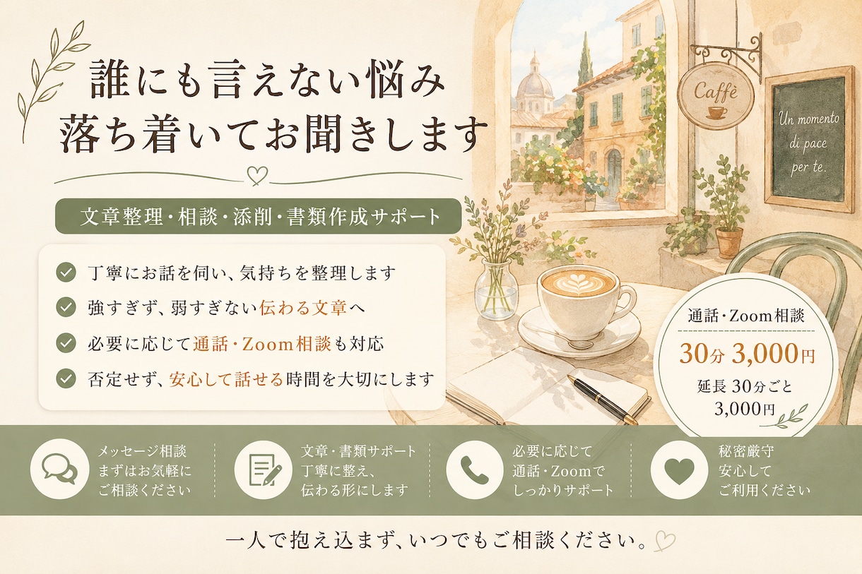 疲れた心に、静かに寄り添います 気持ちを整理し、心を少し軽くする対話を心がけます イメージ3