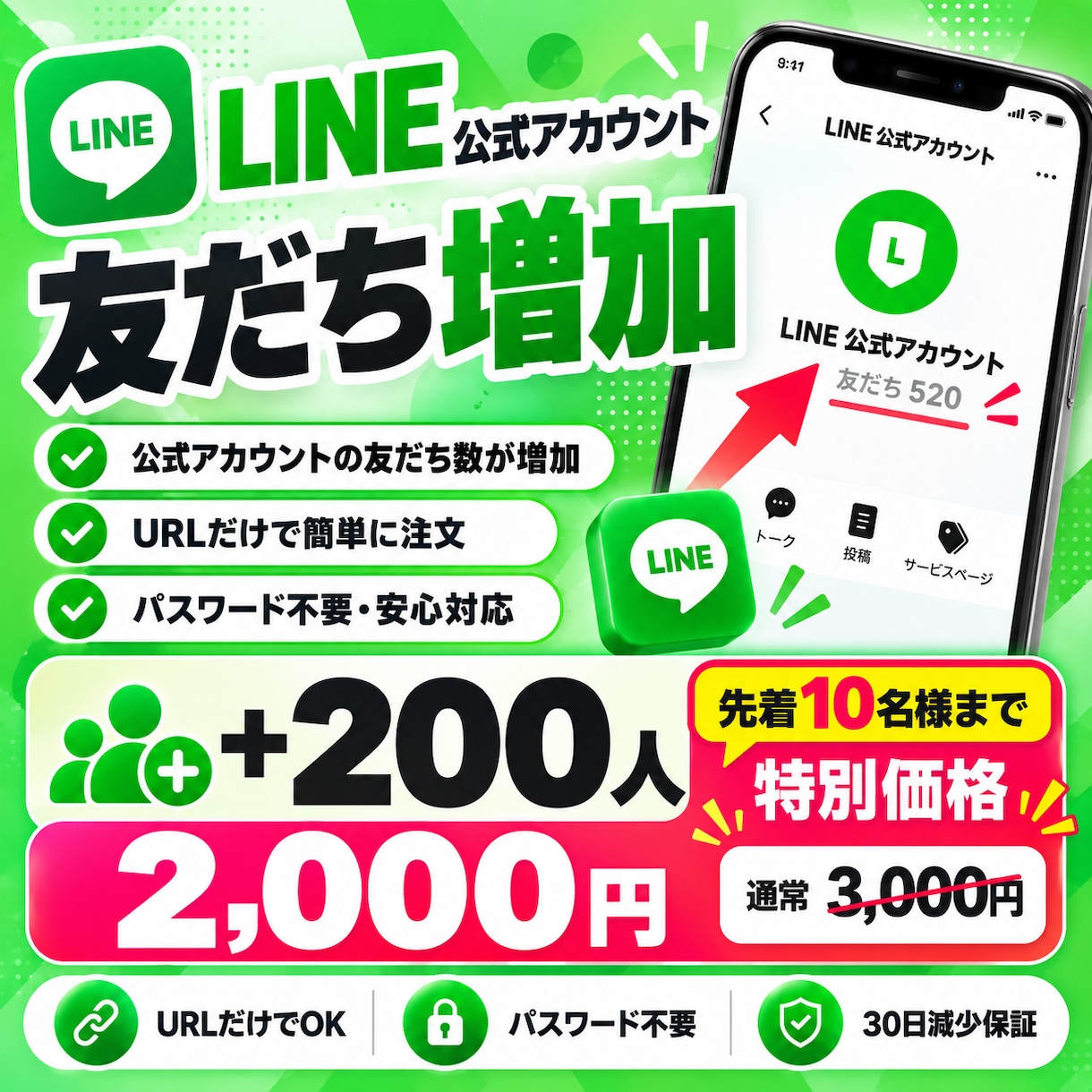 LINE公式アカウントの友だち200人増加します 先着10名様限定｜通常3,000円 → 特別価格2,000円 イメージ1