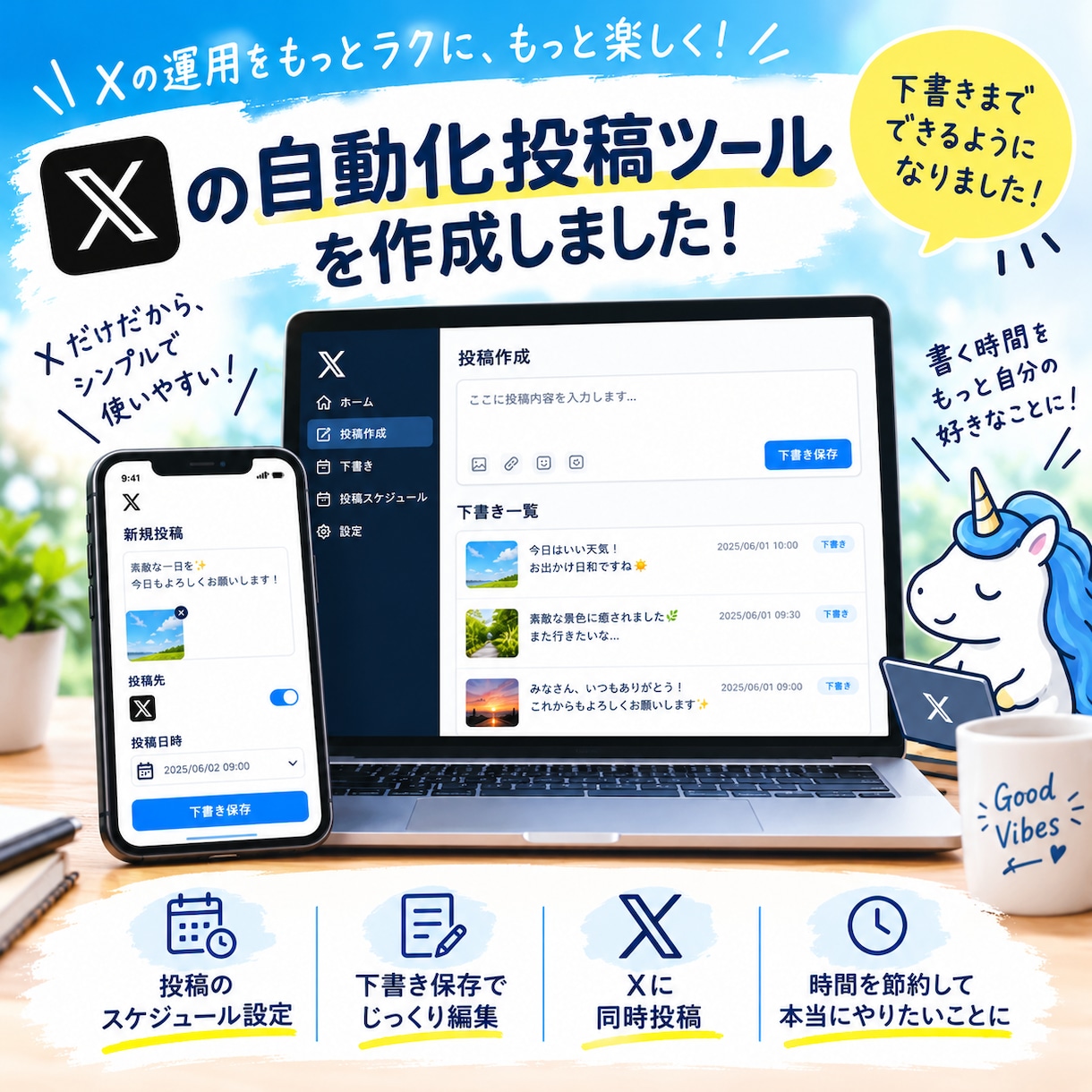 毎日のX投稿を続けられる下書きツールを提供します 「今日なに書こう」を、あなたの口調の下書きで解決 イメージ1