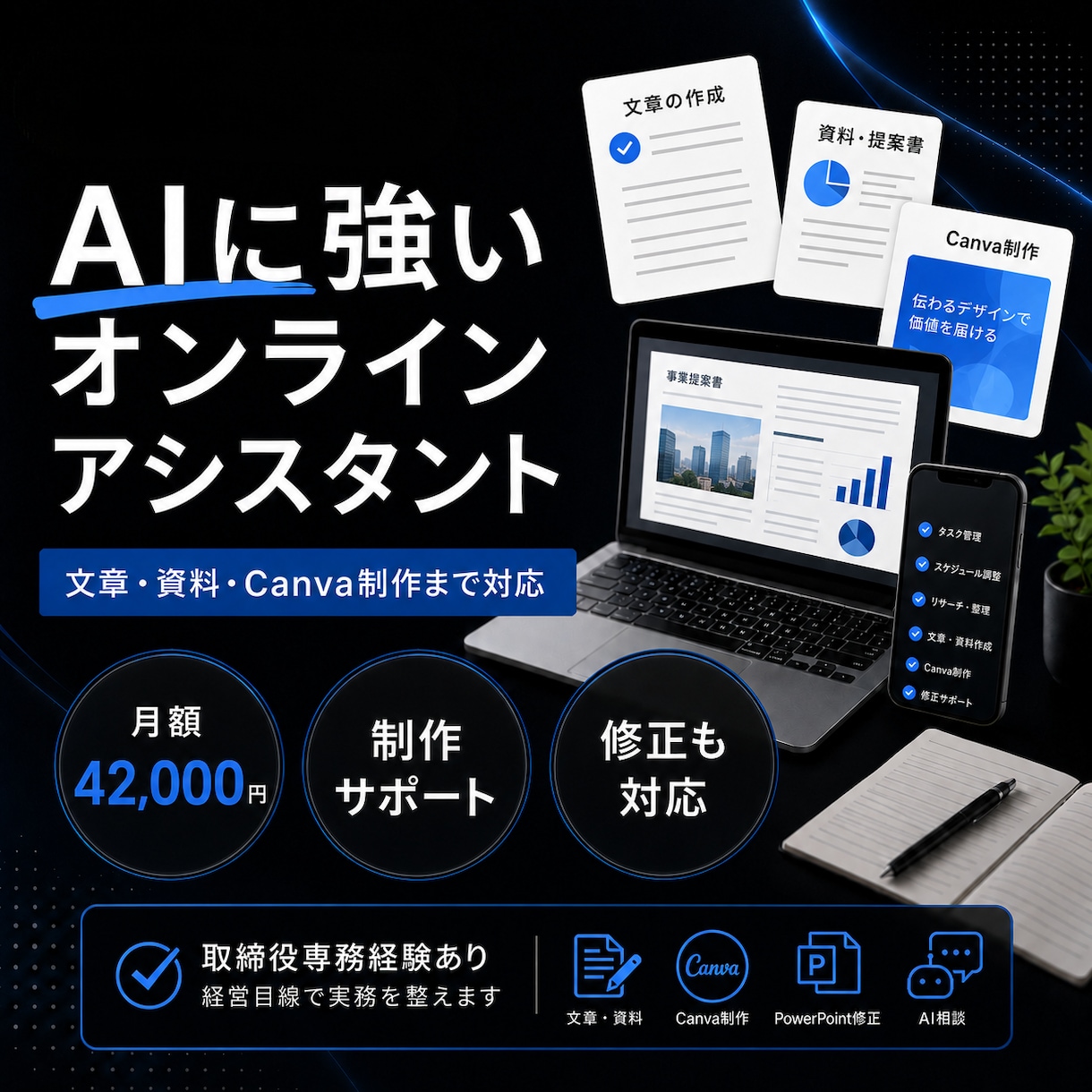 AIに強いオンラインアシスタントが制作支援します 文章資料CanvaPowerPointを経営目線で整えます イメージ1