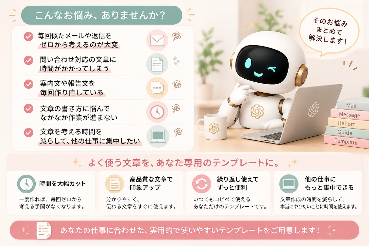 あなた専用の文章テンプレを5つ作ります 毎回考えるメールや返信文を使い回せる形に イメージ2