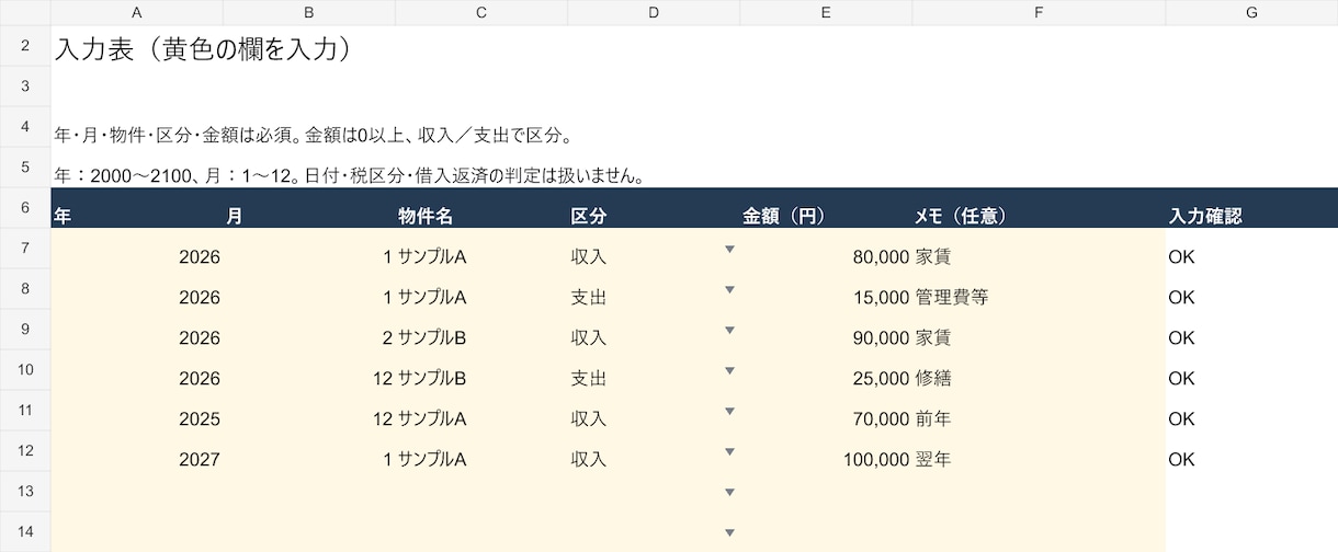 Excelで月別・年別の収支管理表を作ります 入力欄と集計欄を整理。入力漏れも確認できます イメージ3