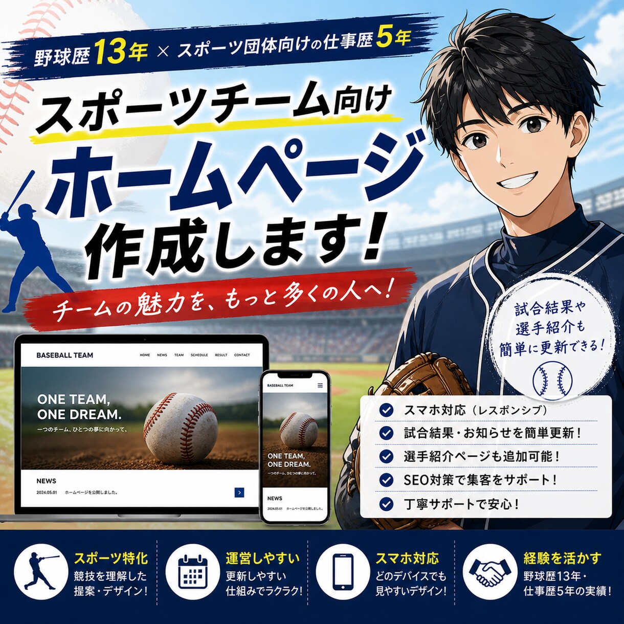 スポーツチーム向けホームページ作成します 野球歴13年、スポーツ団体向けの仕事歴5年、経験を活かします イメージ1