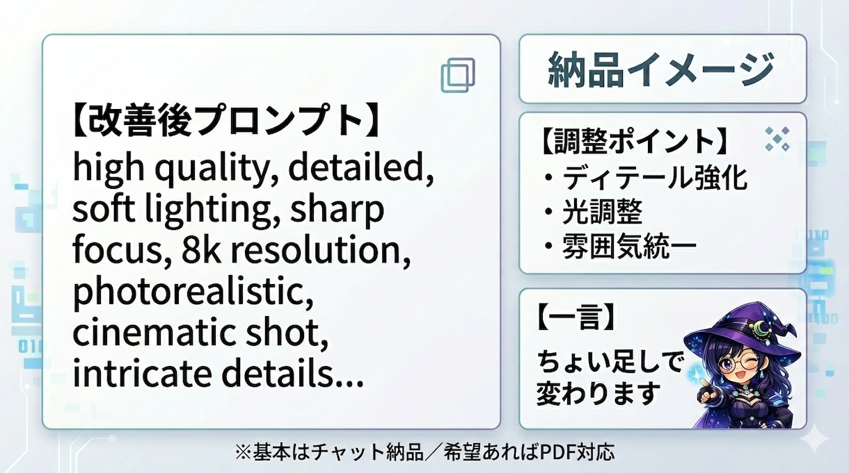 ちょい足しでクオリティUP プロンプト添削します 「なんとなく良い」から「ちゃんと良い」へ整えます イメージ2