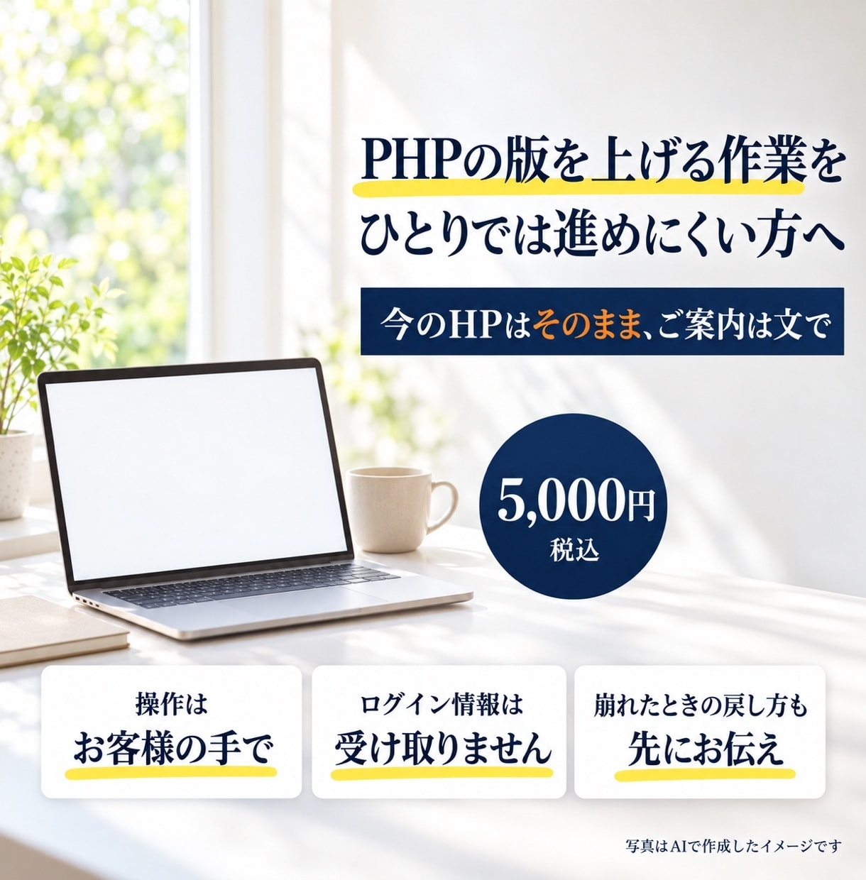 ワードプレスのPHP更新の手順を文でご案内します 操作はご自身で｜パスワードは預かりません｜送るのはスクショ イメージ1