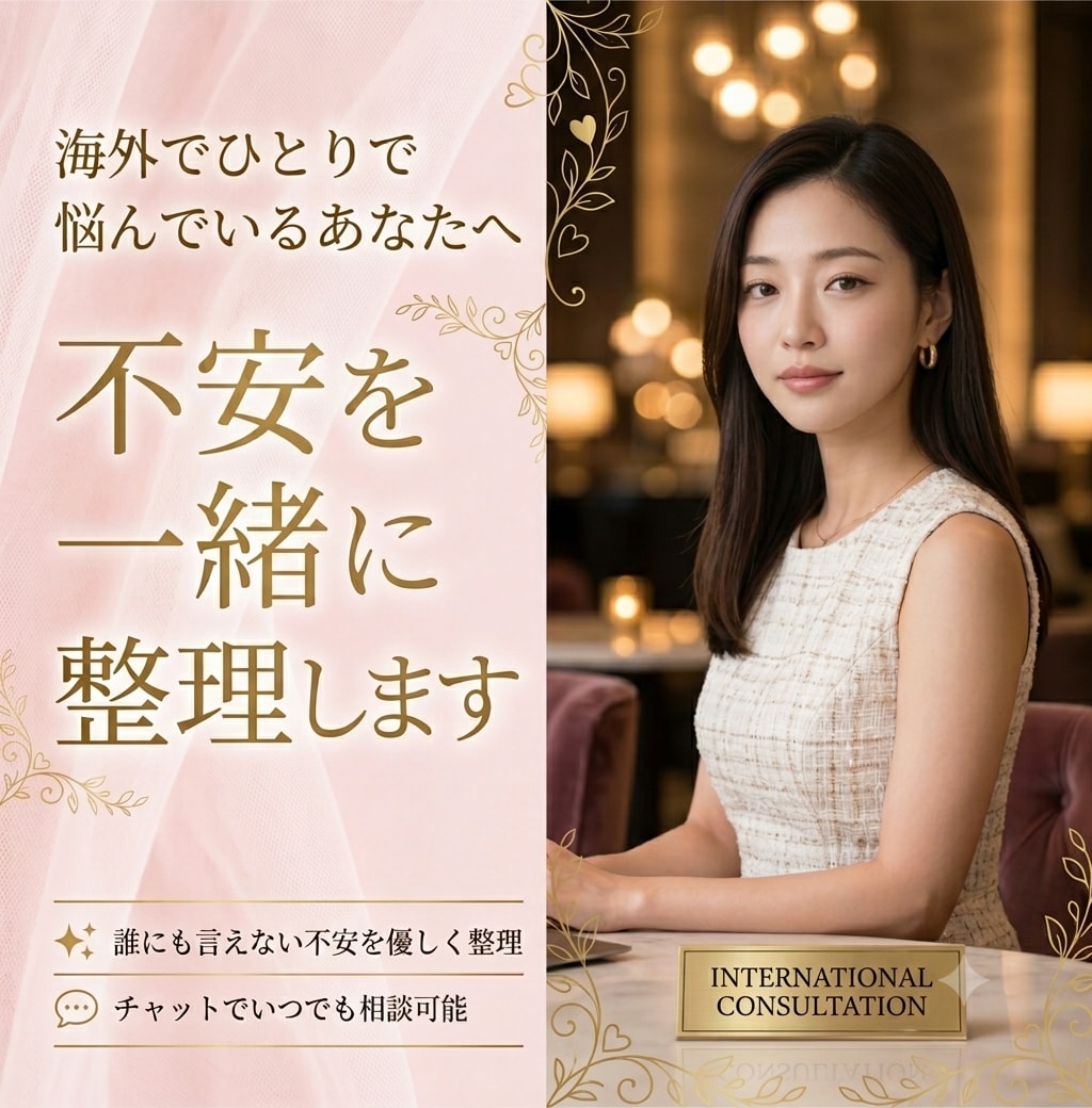 海外トラブルなどの不安を一緒に整理していきます 国際恋愛・結婚・離婚など海外や様々な生活のお悩みを聞きます イメージ1