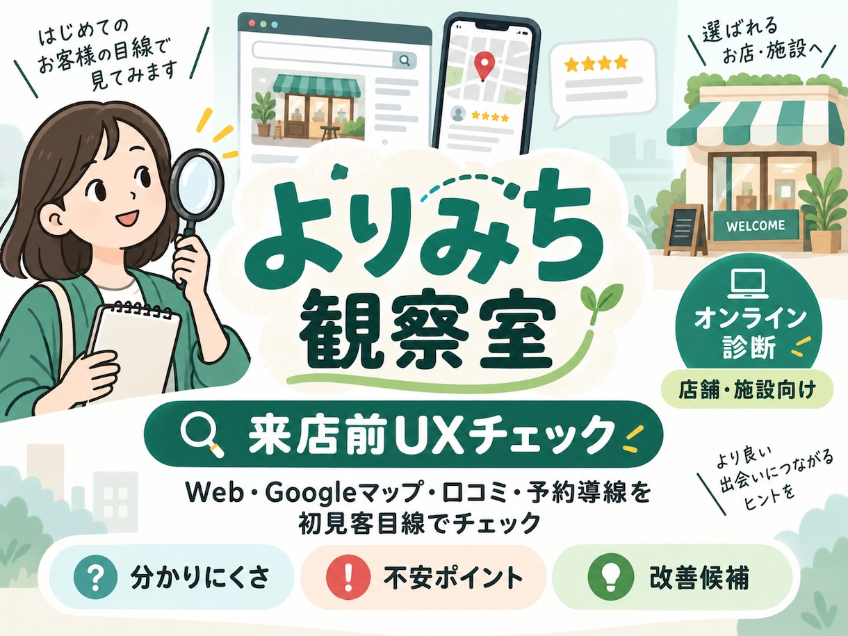 お店や施設の来店前の分かりにくさを診断します Web・口コミ・予約導線を初見客目線でチェックします イメージ1