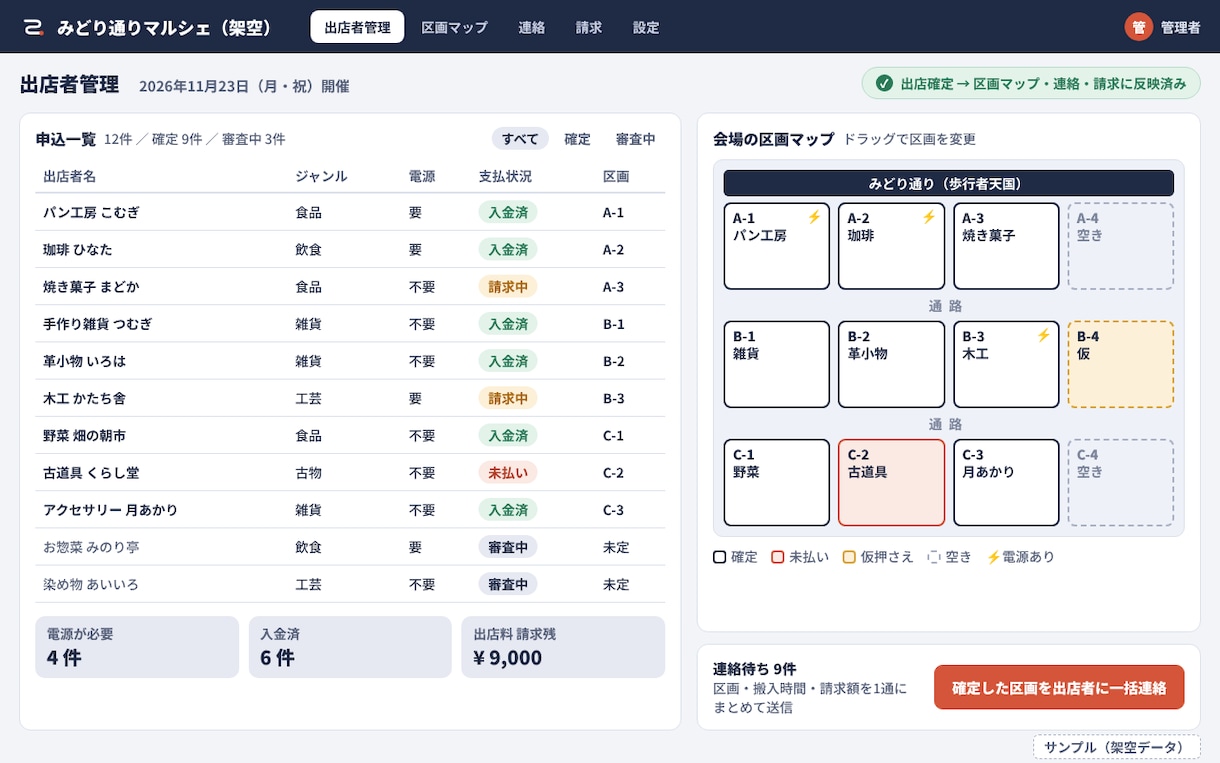 マルシェ・イベントの出店者管理アプリを作ります 申込・区画割り・確定連絡・入金確認を一つに イメージ1