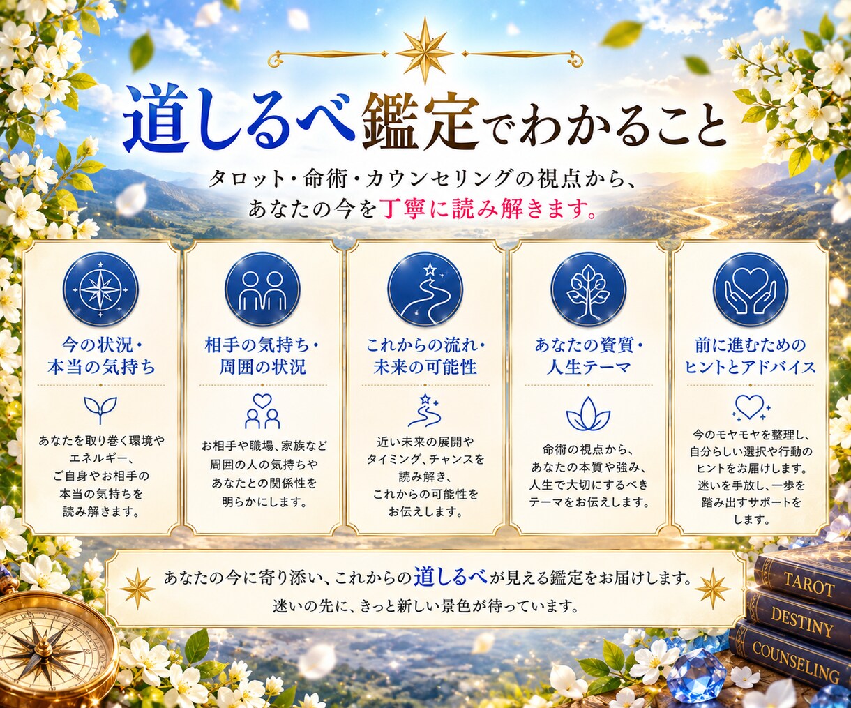お悩みを深掘りし読み解く「道しるべ鑑定」をします 2つのお悩をタロット×命術×カウンセリングで読み解きます イメージ3