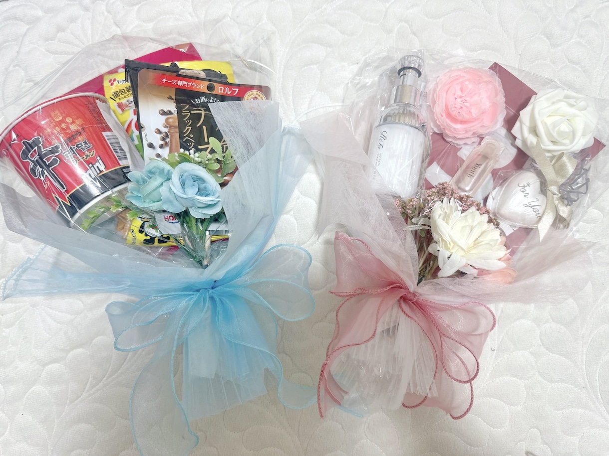 結婚式【コスメブーケ＆おつまみブーケ】作成します 結婚式、披露宴、二次会で使えるお揃いブーケ2点セット♪ イメージ2