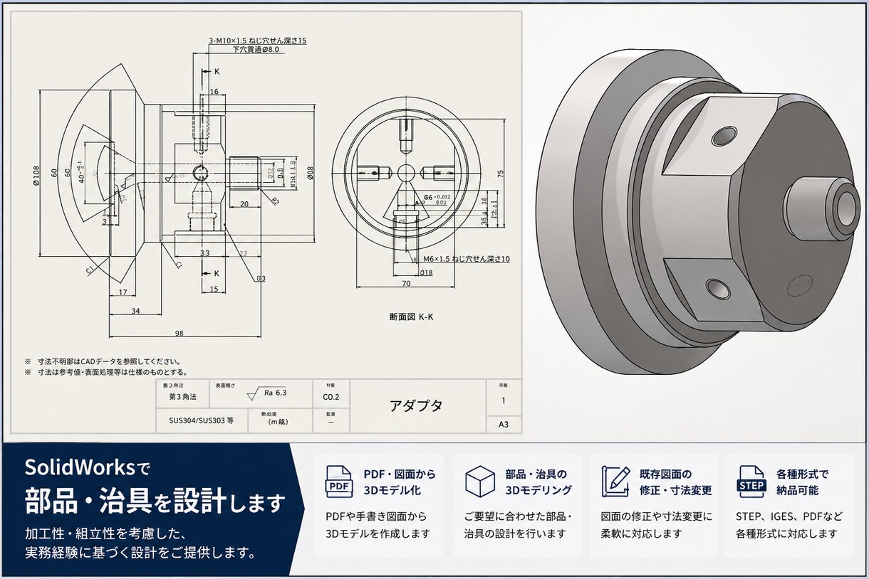 SolidWorksで部品・治具を設計しますます 製造経験を活かした加工性、メンテナンス性を考慮した機械設計 イメージ3