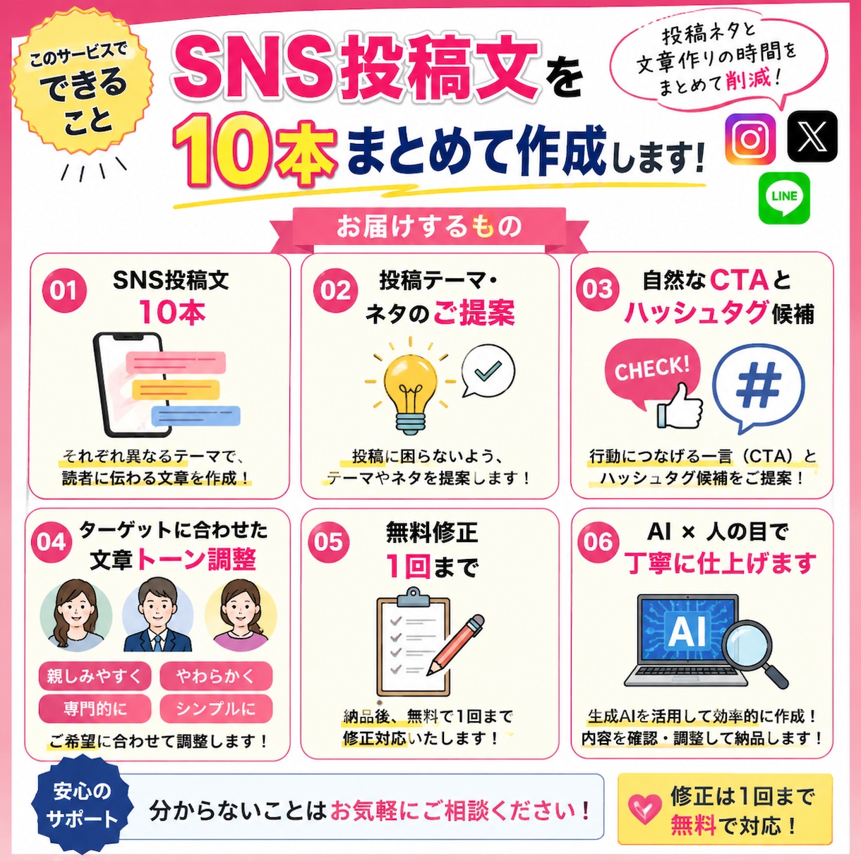 SNS投稿文を10本まとめて作成します 投稿ネタ・CTA・ハッシュタグまで提案 イメージ2