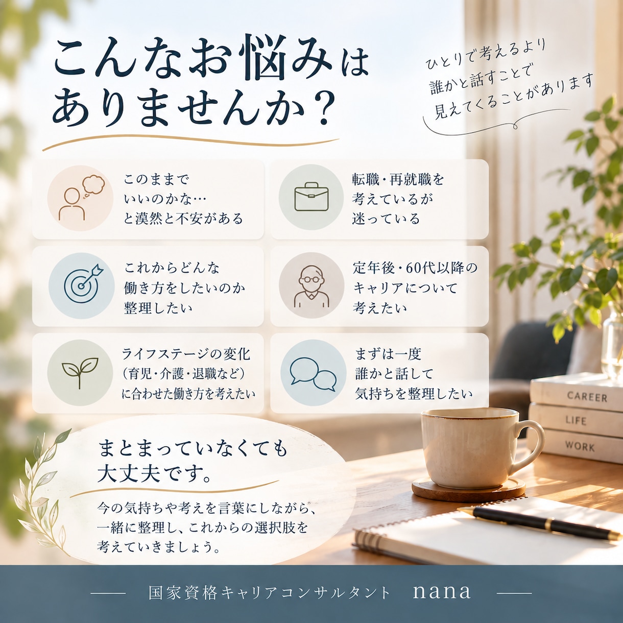 仕事・キャリアの『これから』を一緒に考えます 転職・退職・働き方など、仕事の悩みを幅広くお聴きします イメージ2