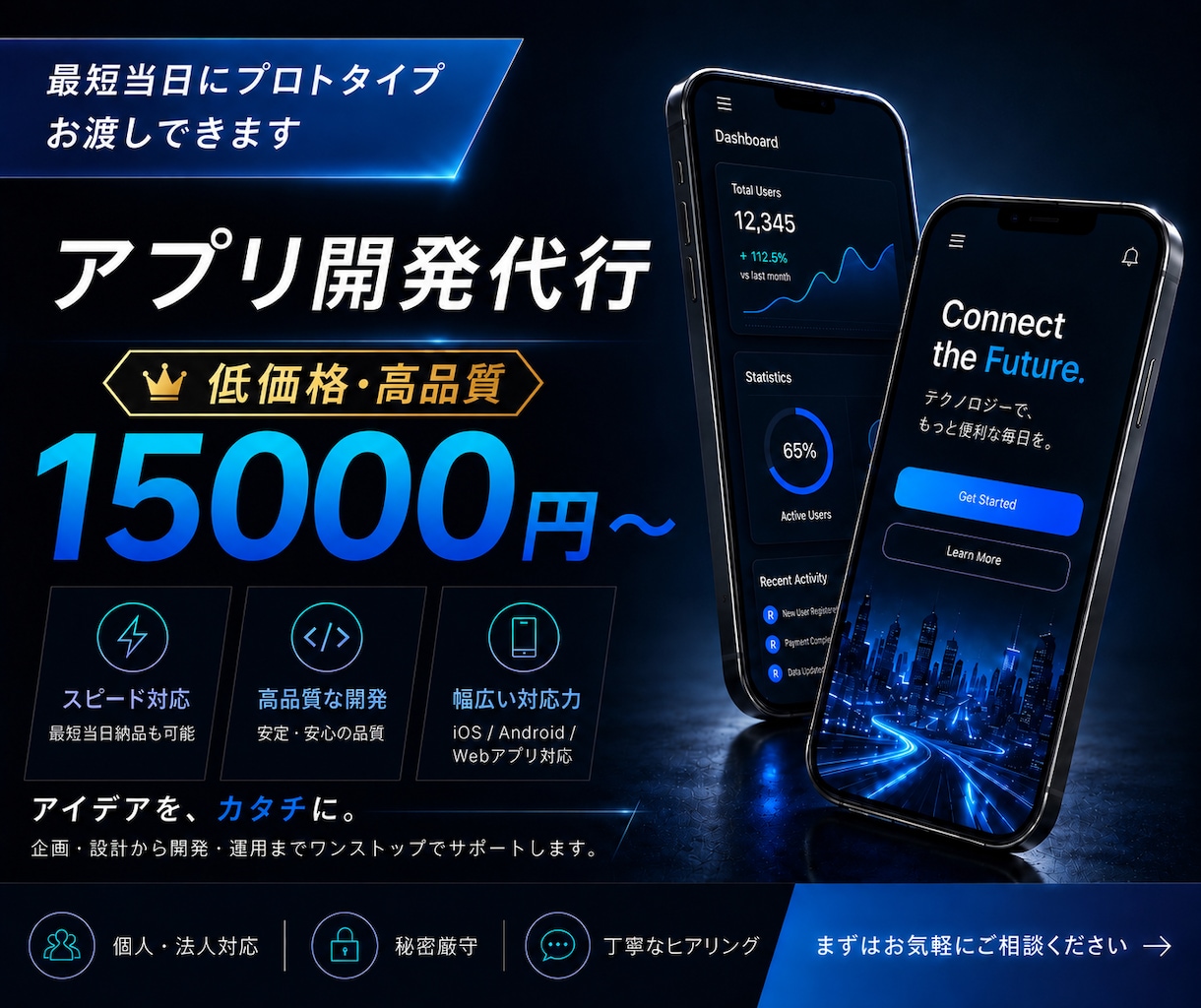 iOS/Android/Webアプリを制作します 初めてアプリ開発のご依頼をされる方、まずは試作してみたい方へ イメージ1