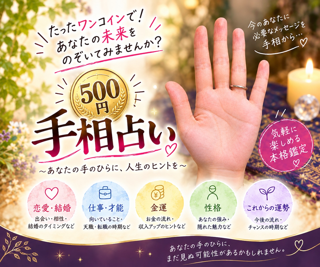 ワンコイン！手相占いします あなたの手のひらに刻まれた、人生のヒントとは？ イメージ1