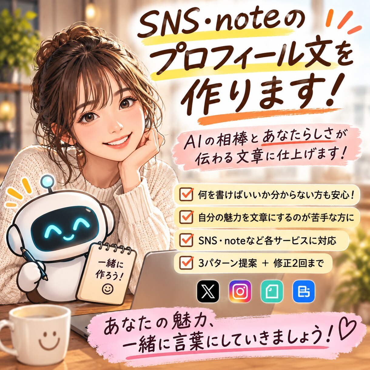 SNS・noteのプロフィール文を一緒に作ります AIの相棒とあなたらしさが伝わる文章を考えます イメージ2