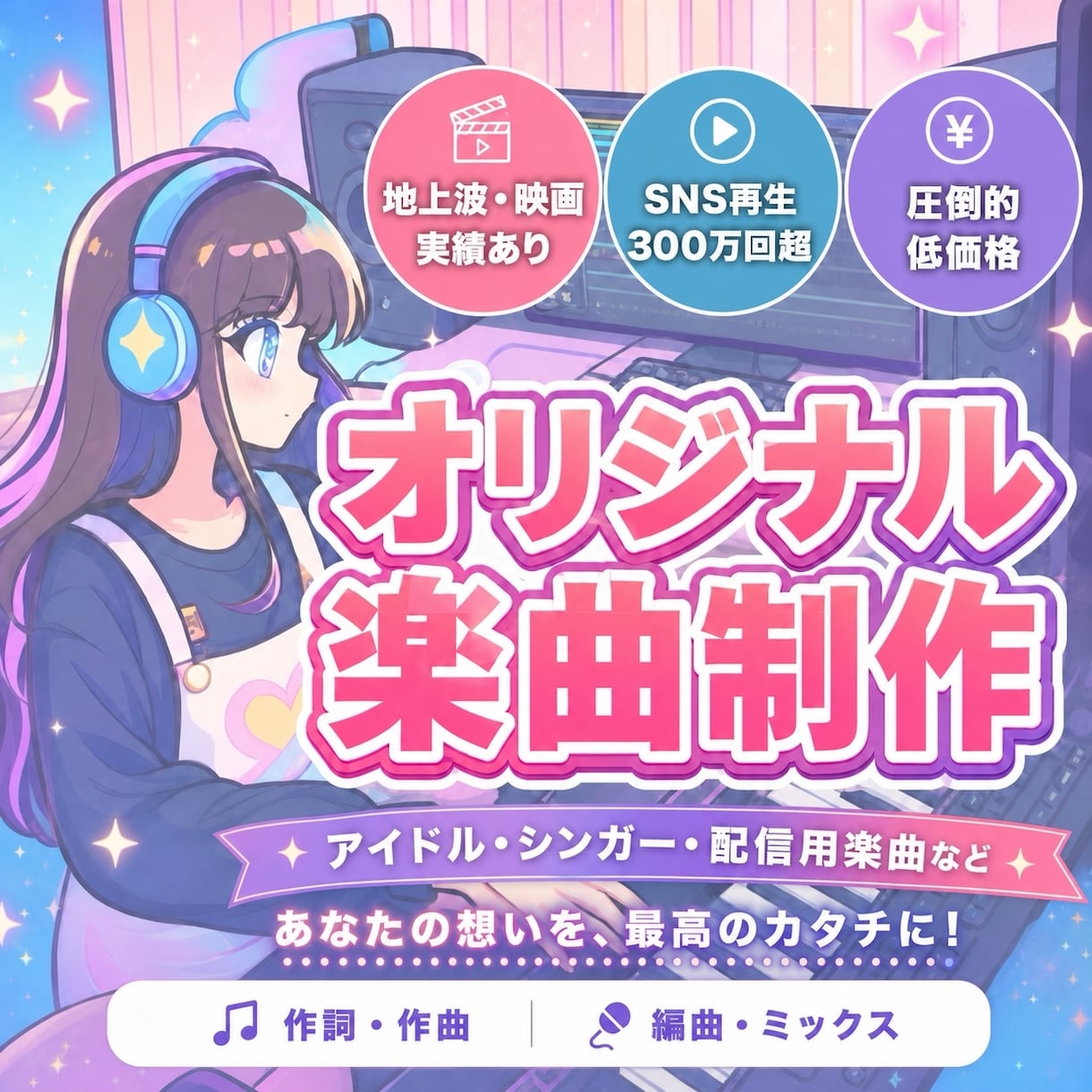 SNS300万再生実績⭐︎高品質で制作します 作詞作曲・編曲｜耳に残るキャッチーなオリジナル曲を イメージ1