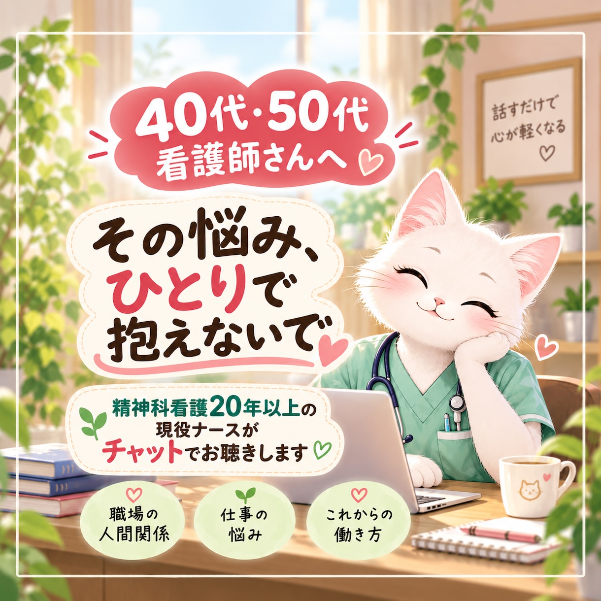 40代50代看護師さんの悩みをお聴きします 精神科看護20年以上の現役主任がチャットで寄り添います イメージ1