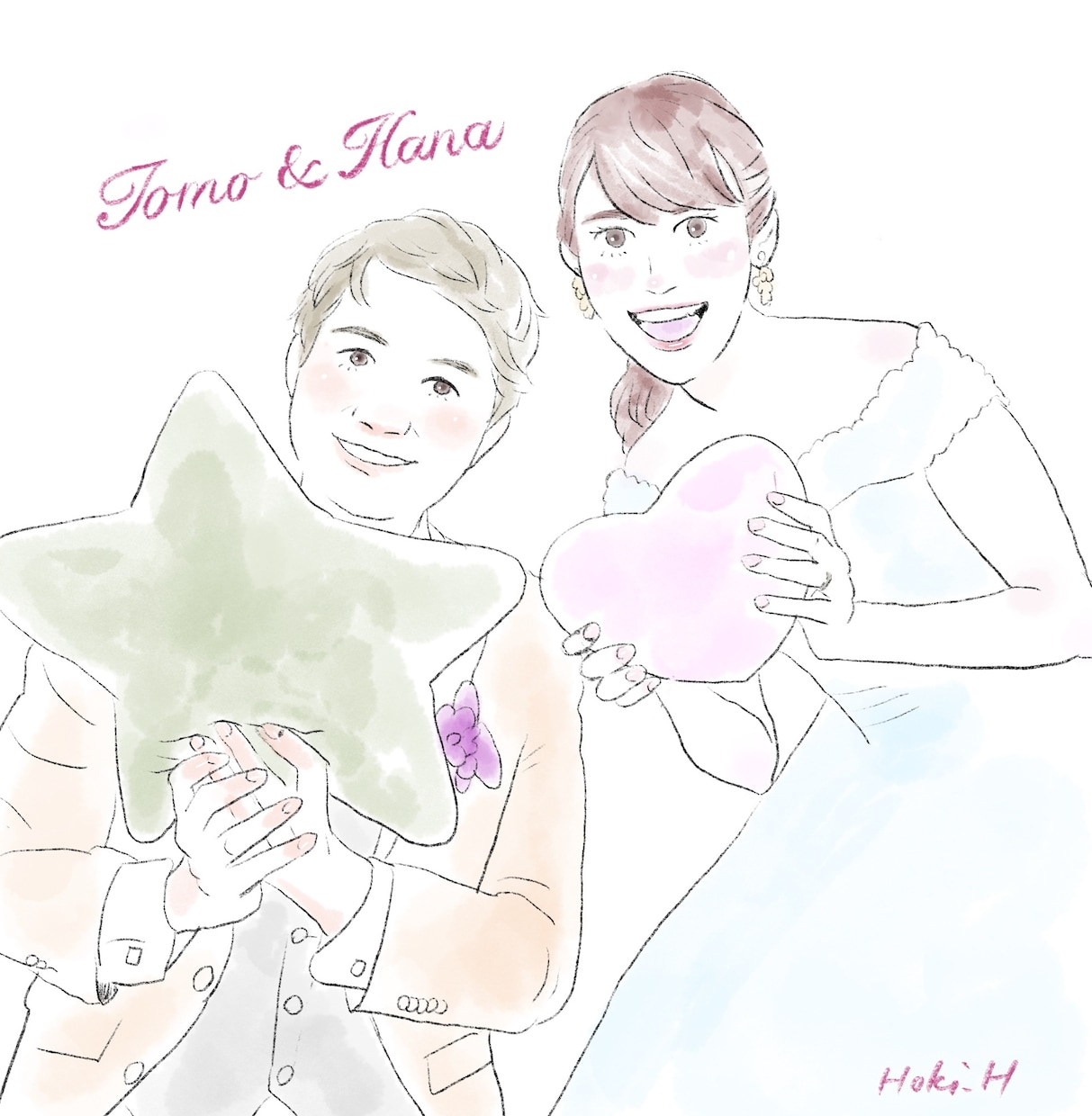 カップルのふんわりやさしい水彩の似顔絵を描きます 結婚式や記念のメッセージカードにどうぞ！ イメージ1