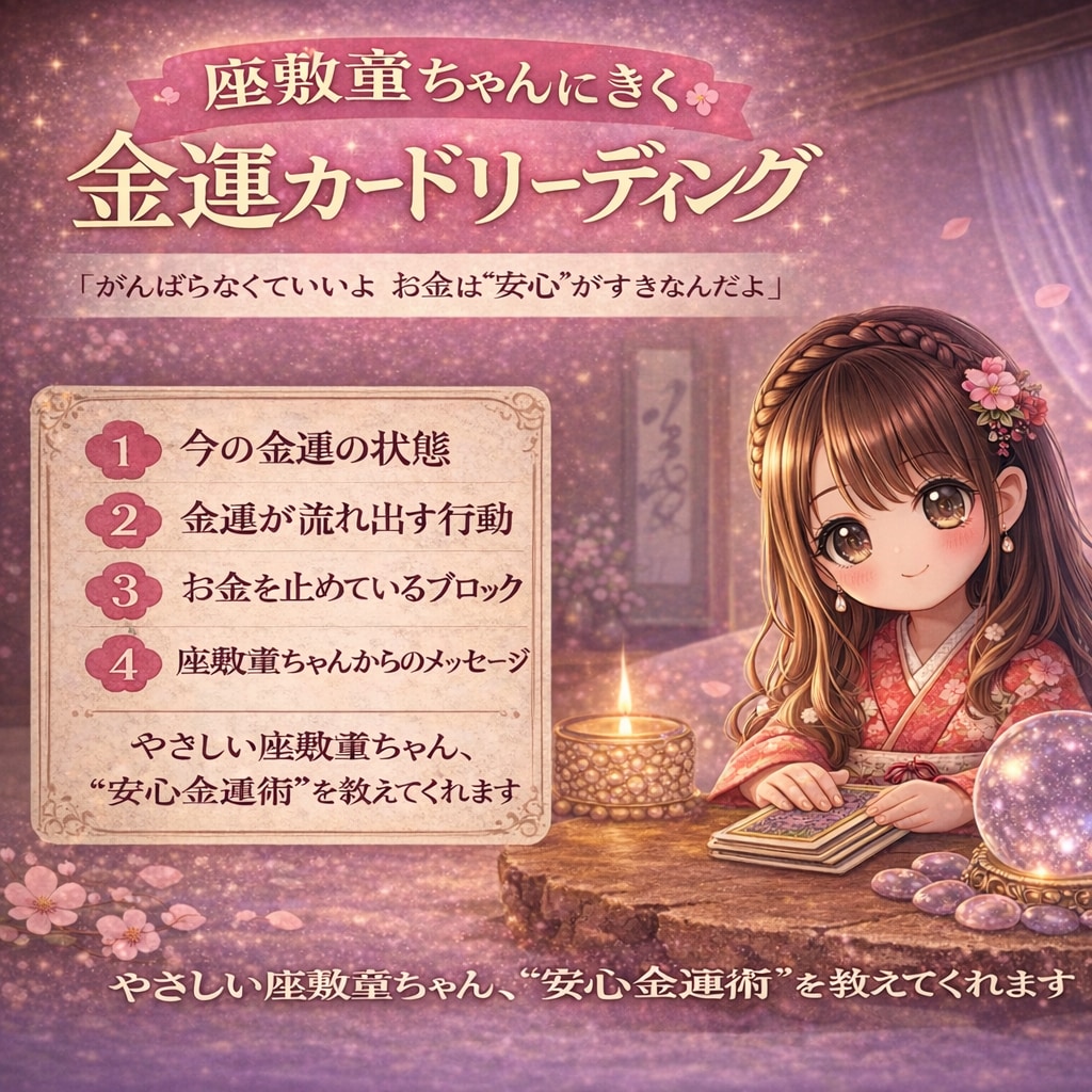 座敷童ちゃんにきく  金運カードリーディングします 「がんばらなくていいよ お金は“安心”がすきなんだよ」 イメージ1