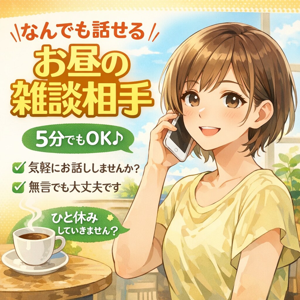 なんでも話せるお昼の雑談相手になります 5分でもおっけー◎ひとり時間にゆるくお話しましょう♪ イメージ1