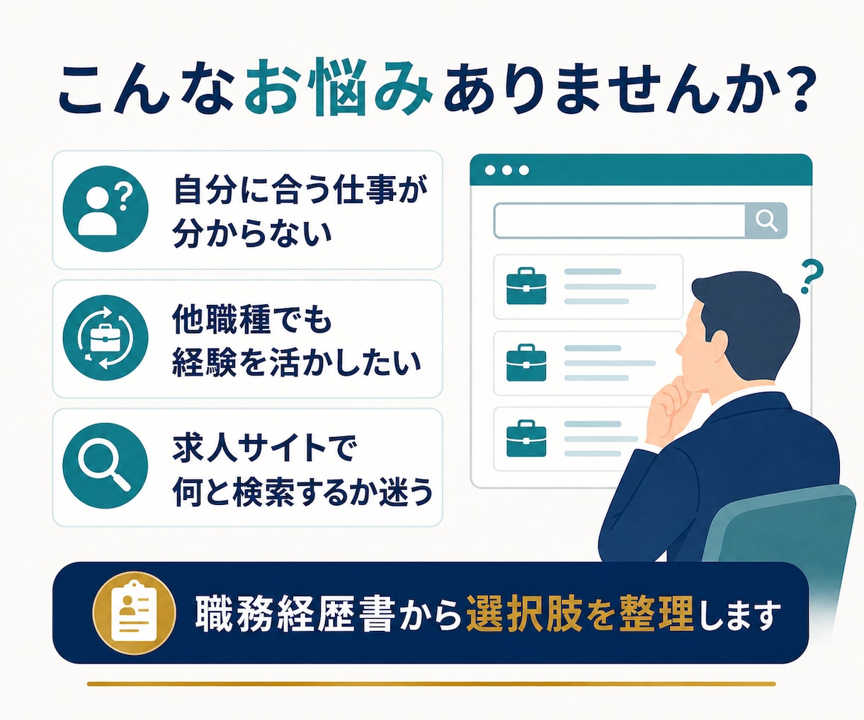 あなたに合う仕事を職務経歴書から探します 経験・強みから、狙う職種と求人検索ワードを提案 イメージ1