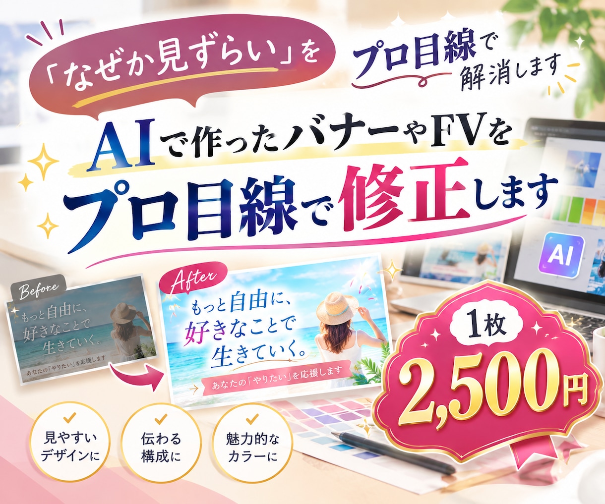 AI生成されたバナー・FVなどの画像の修正します AI画像にありがちな「なぜか見ずらい」をプロ目線で解消します イメージ1