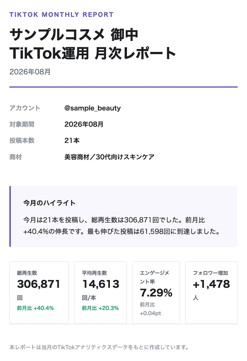TikTok月次レポート作成を15分に自動化します 毎月3時間かかるレポートを15分に！※実データ検証済み イメージ2