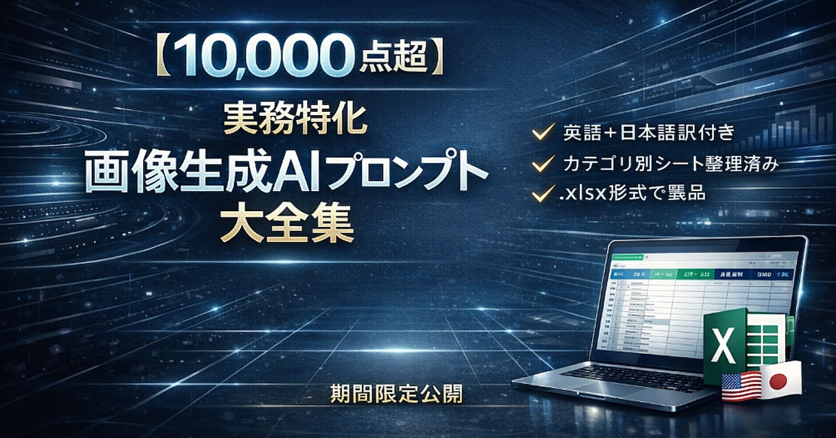 画像プロンプト1万個以上を提供します 実務特化 | 英日対応・Excel整理済み イメージ1