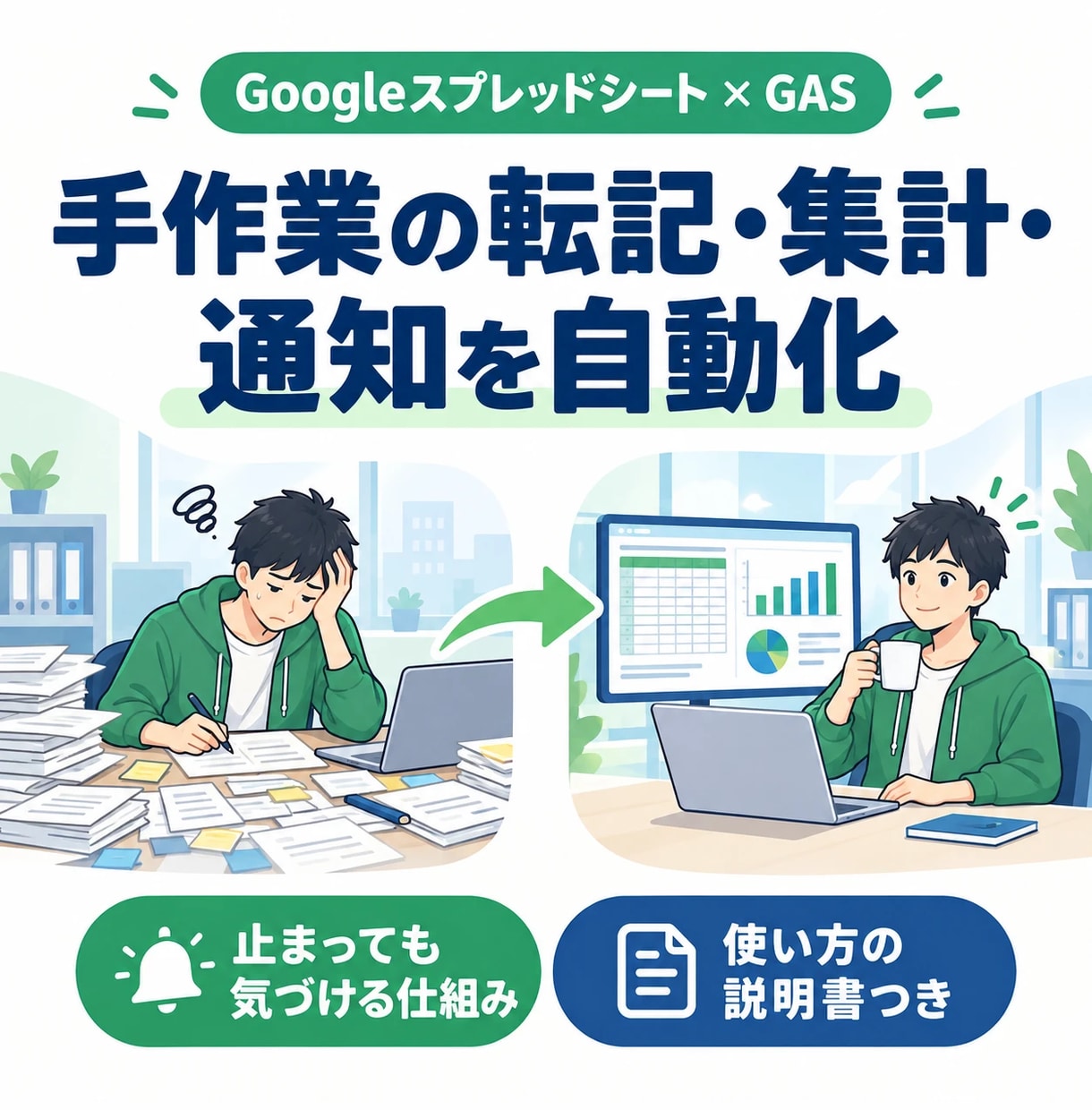 手作業の転記・集計・通知をGASで自動化します 止まっても気づける仕組みと、使い方の説明書つき イメージ1