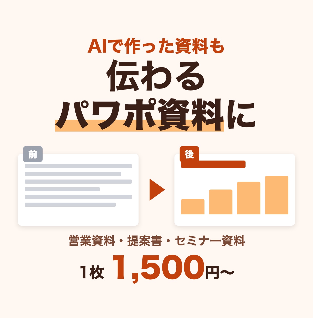 AIで作った資料も、伝わるパワポ資料に整えます 営業資料・提案書・セミナー資料｜1枚1,500円〜 イメージ1