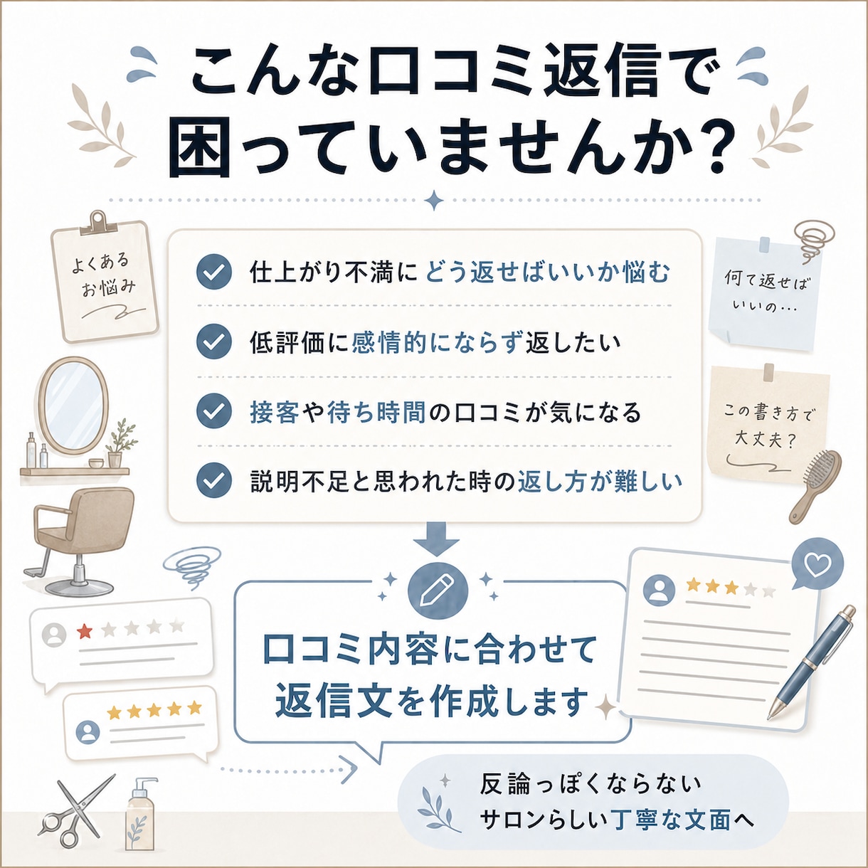 美容室サロンのGoogle口コミ返信文を作成します 1件から、感謝の口コミも低評価も自然で丁寧な返信文に整えます イメージ2