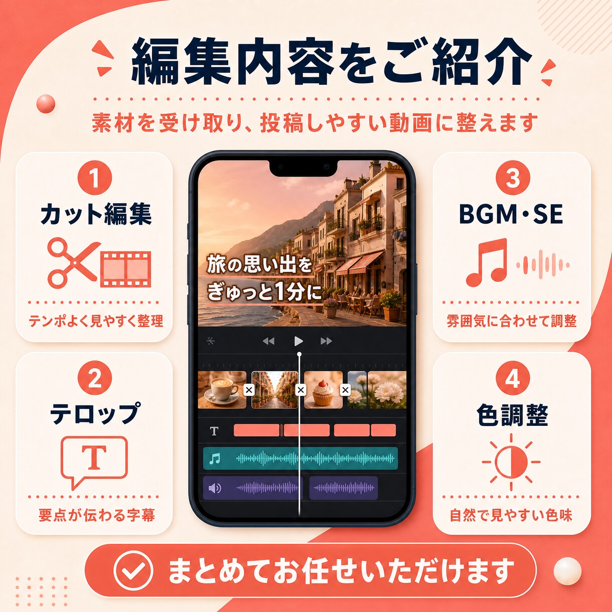 継続投稿を支えるショート動画を丁寧に編集します 撮った素材を、投稿しやすい一本に整えます。 イメージ3