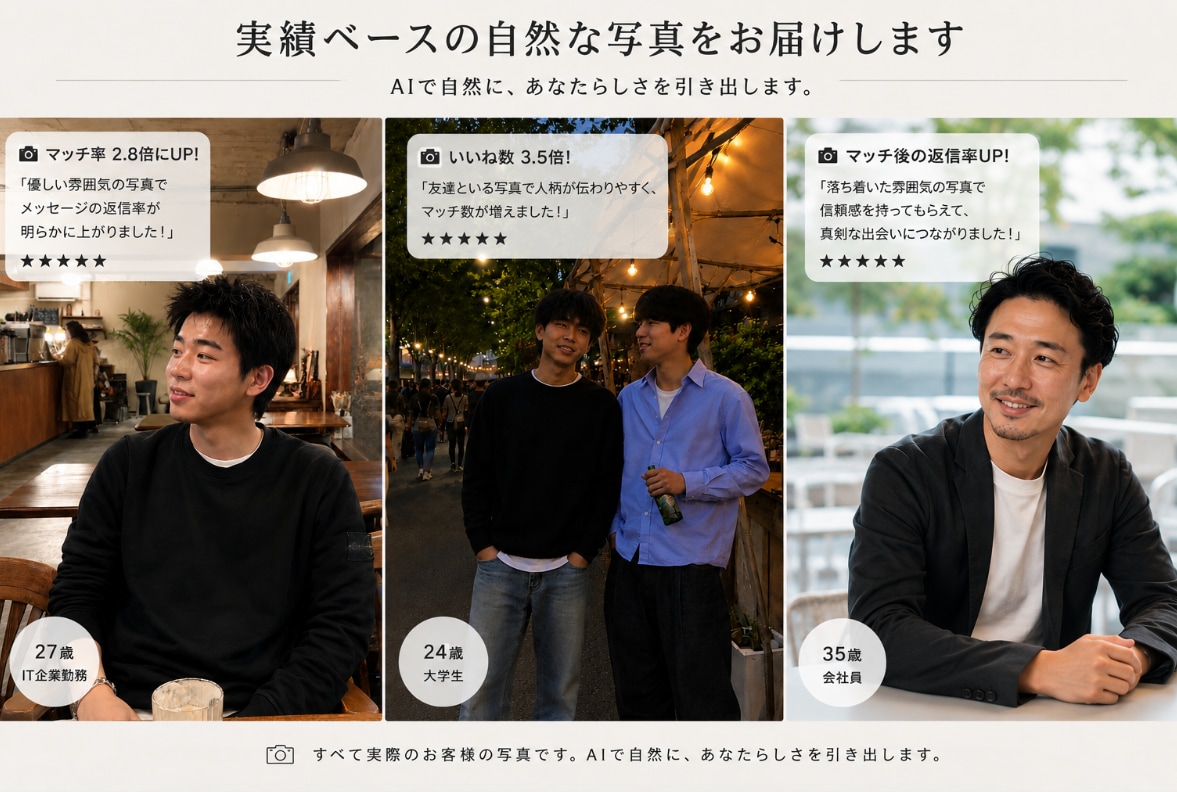 マッチングアプリ用写真【AIエンジニア】作成します 顔写真だけで自然な他撮り風に仕上げます【撮影より格安、手軽】 イメージ4